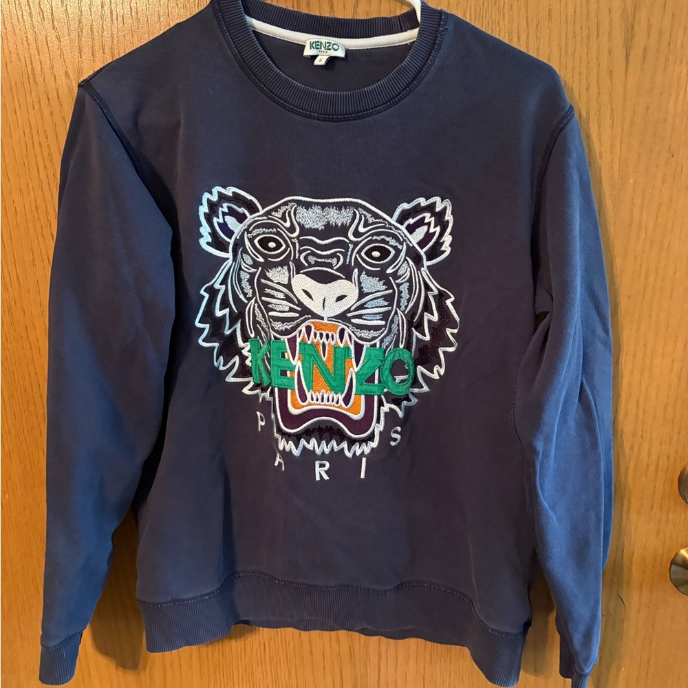 Kenzo Navy Crewneck Sweatshirt with Green Logo Tag